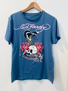 Ed Hardy Blue Graphic Tee with Snake, Skull & Pink Script